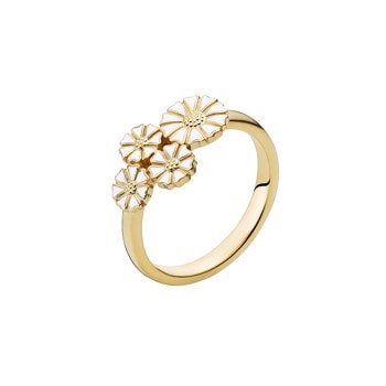 Smukt forgyldt ring med lille klynge af margueritter 1 stk 7,5 mm og 3 stk 5 mm. Alle i forgyldt med hvid emalje fra Lund Copenhagen