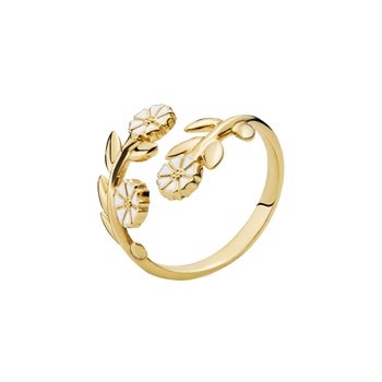 Livets træ fingerring med 3 stk. 5 mm margueritter med hvid emalje fra Lund Copenhagen