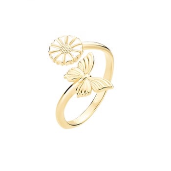 Forgyldt sølvring med margueritblomst og indgraveret sommerfugl. Glat og skinnende ringbånd.