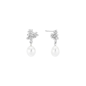 Ørestik med ferskvandsperle 6,5-7mm og zirkonia sterling sølv