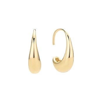 Creoløreringe i forgyldt sølv, glat dråbeformet design. En vises fra siden, en forfra.