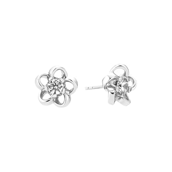 Ørestikker i blomsterform med fem kronblade og en klar zirkonia-sten i midten, i sterling sølv.