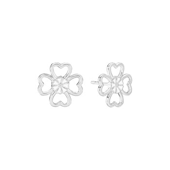 Øreringe i blomstermotiv med fire hjerteformede kronblade i åben design, synlig stift bagpå.