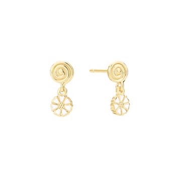 Øreringe med spiralformet top og margueritvedhæng i gyldent design.