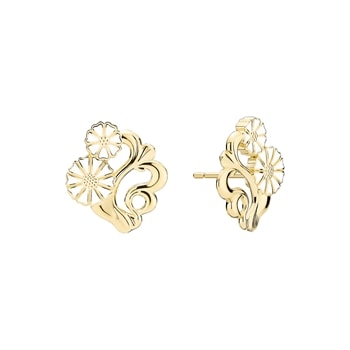 Forgyldte sølvøreringe med margueritmotiv og filigran, skinnende overflade, stift til piercing.