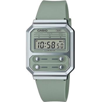 Retro Casio ur med digital display, knapper under skærmen og afdæmpet grøn farve.