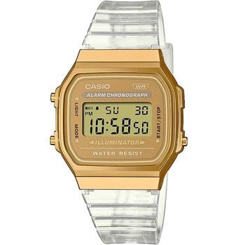 Casio vintage ur med digital display, guldskive, viser tid, dag, dato, og har sideknapper.