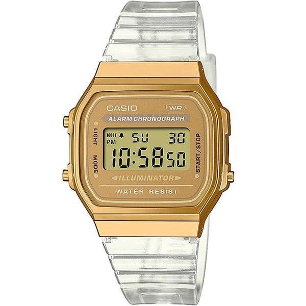 Casio vintage ur med digital display, guldskive, viser tid, dag, dato, og har sideknapper.