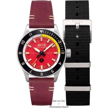 Rød urskive, sort bezel, brun læderrem, ekstra sort nylonrem til AVI-8 AV-4103-04 ur.