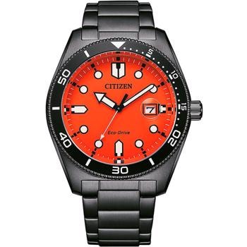 Citizen herreur med orange urskive, datovisning kl. 3, sort bezel og hvide markeringer.