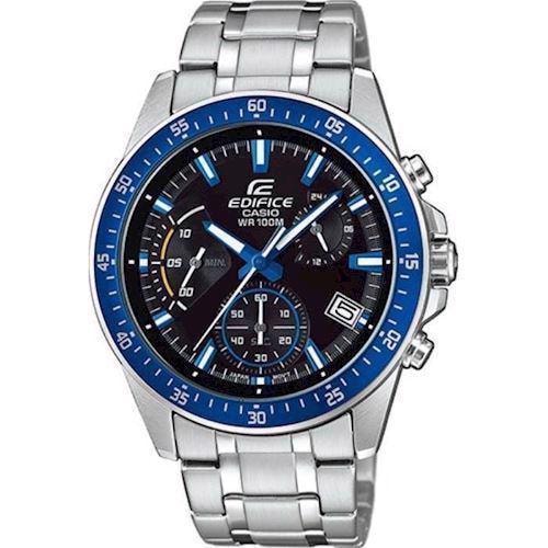 Casio herreur i rustfrit stål, sort urskive, blå detaljer, chronograph og datovisning.