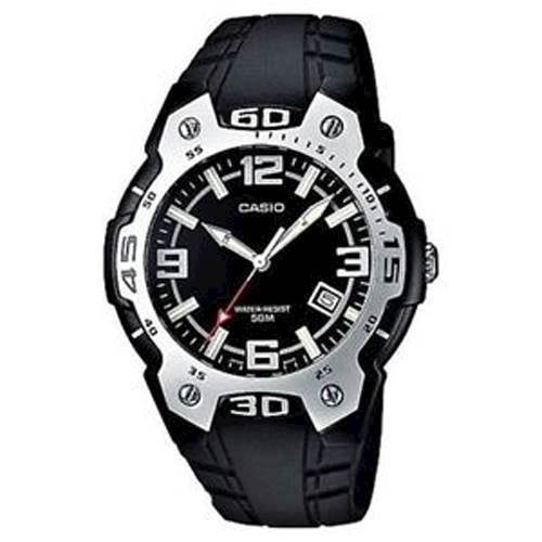 Casio herreur med sølv bezel, sort skive, sølv markører, datovisning og vandtæthed på 50M.