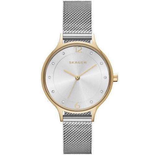 Skagen Anita dameur med rund urkasse, sølv mesh armbånd og diamantmarkører på 12, 3, 6, 9.
