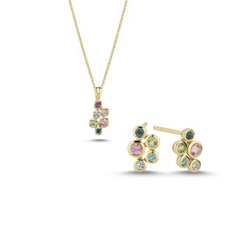 14 kt rødguld Bubbles multicolour smykkesæt med i alt 0,06 ct diamanter Wesselton SI
