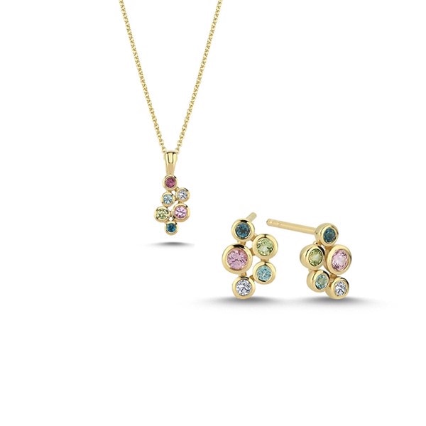14 kt rødguld Bubbles multicolour smykkesæt med i alt 0,06 ct diamanter Wesselton SI