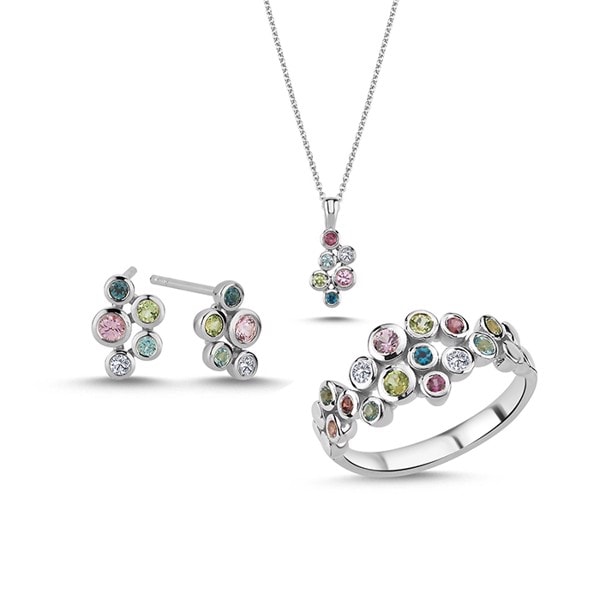 14 kt hvidguld Bubbles multicolour smykkesæt med i alt 0,12 ct diamanter Wesselton SI