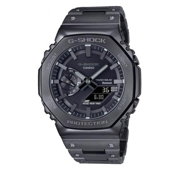 Sort G-Shock ur med digital og analog display, robust design og PVD-belagt stål.