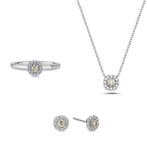 14 kt hvidguld Champagne smykkesæt med i alt 0,64 ct diamanter Champagne / Wesselton SI