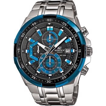 Casio Edifice herreur med blå/sort bezel, stålrem, subskiver og datovisning.