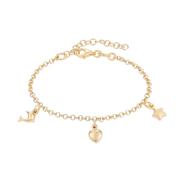 Smukt sølvforgyldt barne armbånd med stjerne, hjerte og delfin fra Støvring Design