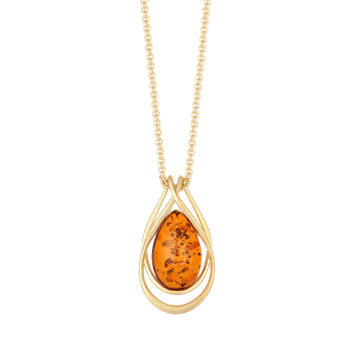 Forgyldt sølv vedhæng, Oval rav dråbe med kæde, 13 x 24,5 mm