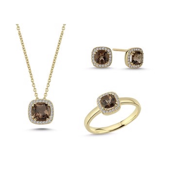 14 kt rødguld Grace smykkesæt med Røg topas og i alt 0,42 ct diamanter Wesselton SI