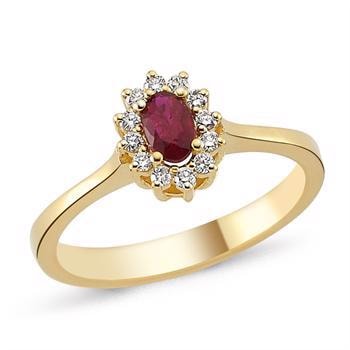 14 kt fingerring, Roset med rubin og 0,12 ct diamanter