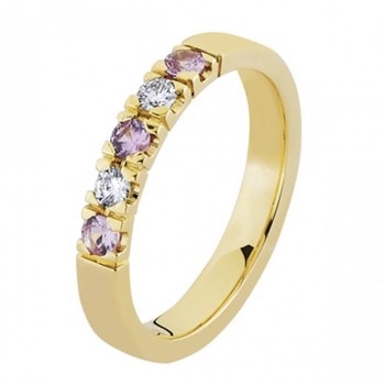 Nuran 14 kt rødguld alliance ring, fra Colour serien med 2 + 3 stk 0,03 ct Wesselton-SI / lyserød safir