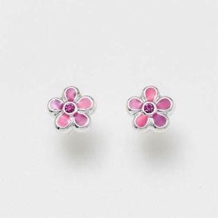 Sølvøreringe formet som blomster med fem pink kronblade og en mørkere pink sten i midten.
