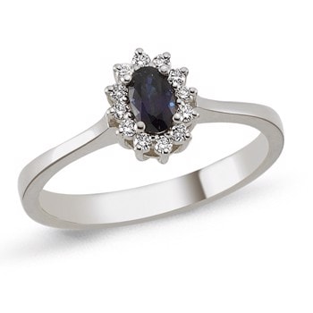 14 kt hvidgulds fingerring, Roset med safir og 0,012 ct diamanter