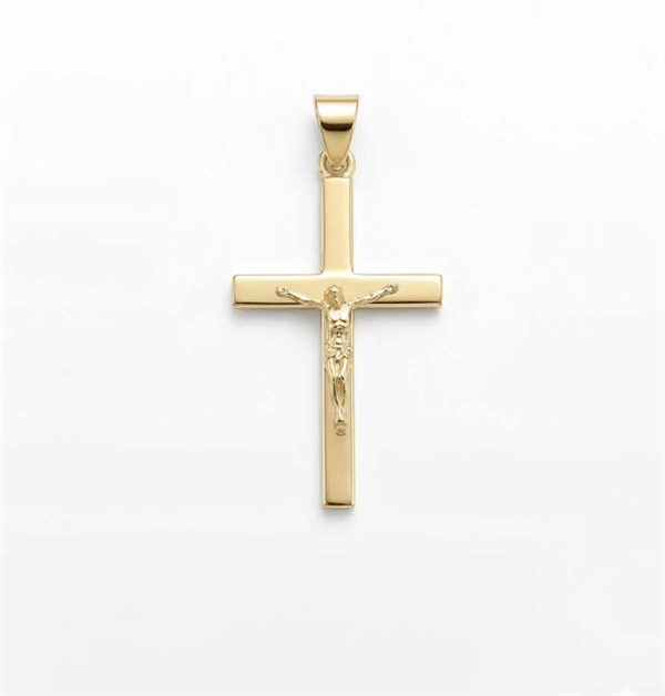 Bredt stolpe kors med Jesus fra BNH i blank 14 karat, Lille - 13 x 21 mm
