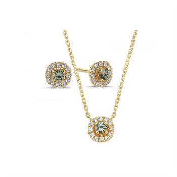 Nuran 14 kt rødguld smykkesæt, fra Sofia serien med 3 x 0,08 ct Grøn Safir & 36 x 0,005 ct diamanter Wesselton SI