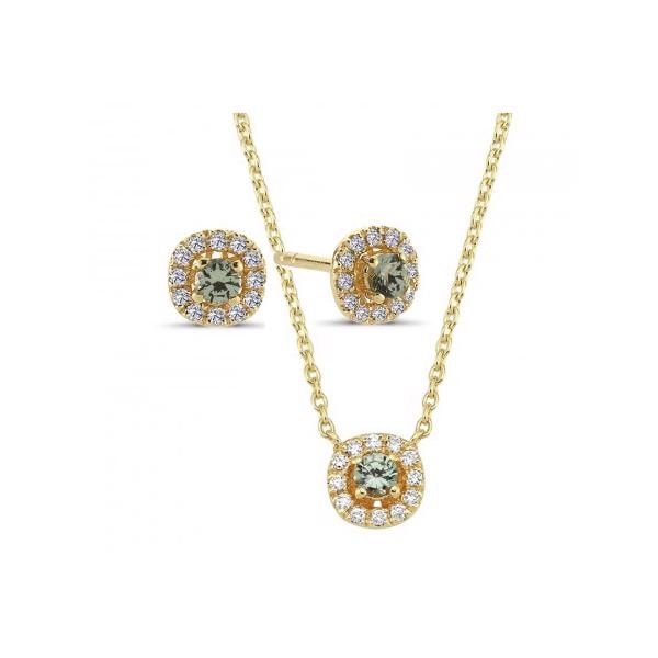 Nuran 14 kt rødguld smykkesæt, fra Sofia serien med 3 x 0,08 ct Grøn Safir & 36 x 0,005 ct diamanter Wesselton SI