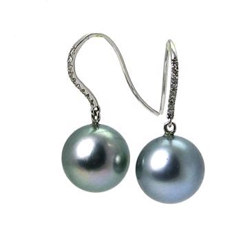 Tahiti Perle hvidgulds ørering 12 mm near round med 0,12 ct diamanter