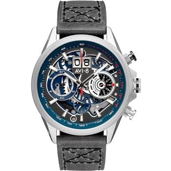 AVI-8 ur med flere sub-ure, tachymeter-skala og sort læderrem.