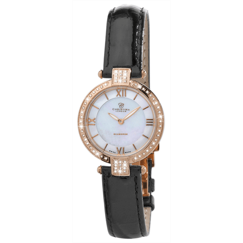 135-2RWBL Christina Design London Rosa forgyldt dameur med sort læderrem