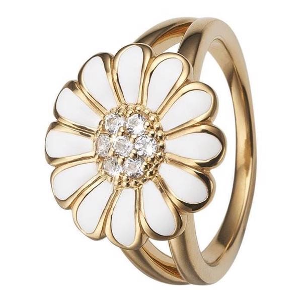 Model 4.6.B, Smuk marguerite med 7 hvide topaz og hvid emalje hos Guldsmykket.dk