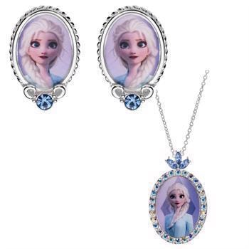 Disney Frozen smykkesæt med Elsa, ovale øreringe og halskæde, blå sten, justerbar kæde.