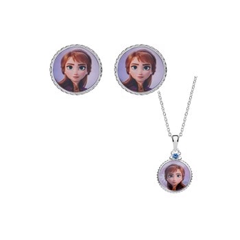 Sølv smykkesæt med Anna fra Frozen. Inkluderer øreringe og justerbar halskæde med Anna-billede.
