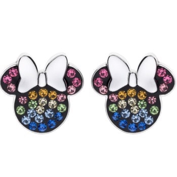 Minnie Mouse øreringe med flerfarvede krystaller og metallisk finish, sløjfe øverst.