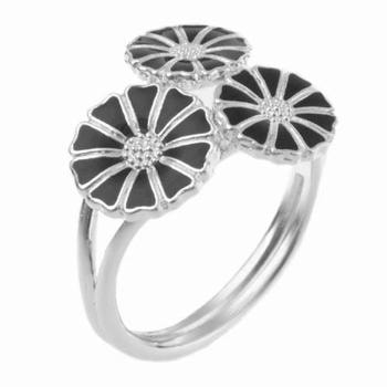 Lund 3 blomst 2x7,5 mm og 1x9 mm Marguerit fingerring i sølv m/ sort emalje