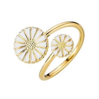 Lund 2 blomster 1x7,5 mm og 1x11 mm Marguerit fingerring i forgyldt sølv m/ hvid emalje