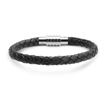 Sort fletlæderarmbånd med blankt stållås.