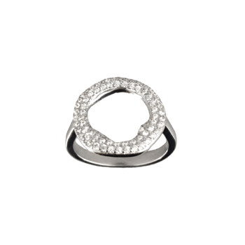 Sølv rhodineret ring med uregelmæssig cirkel, pyntet med glitrende zirkonia-sten fra Siersbøl.