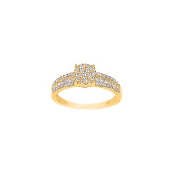 Guldring med central diamant 0,48 ct og små diamanter på båndet, 14kt guld, W/SI kvalitet.