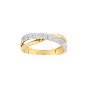 Guldring med krydsdesign, to bånd krydser, dekoreret med små, skinnende sten på toppen.