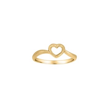 Guld ring med hjerteformet design og tekstureret overflade, glat og tyndt ringbånd.