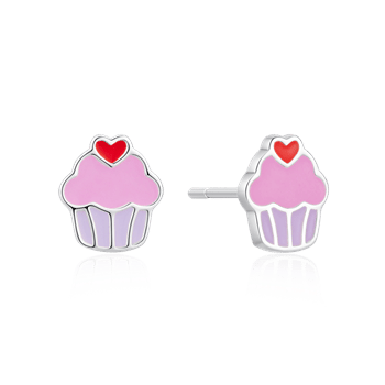 Ørestikker formet som lyserøde cupcakes med rødt hjerte på toppen og hvid kant.