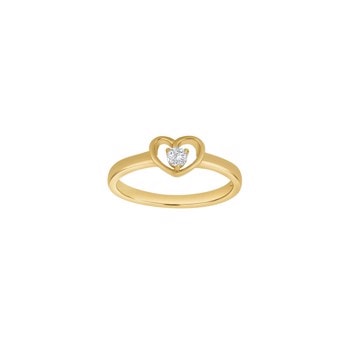 Guldfarvet børnering med hjerteformet motiv og cubic zirconia sten i midten, glat ringbånd.