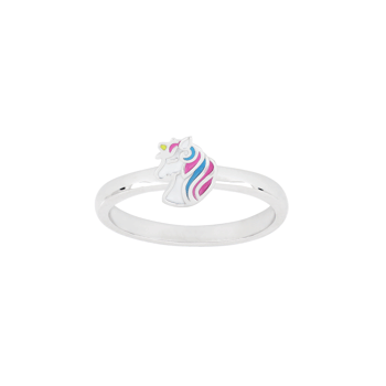 Sølv børnering med enhjørningemotiv, farverig manke i pink, blå og lilla, enkel ringbånd.